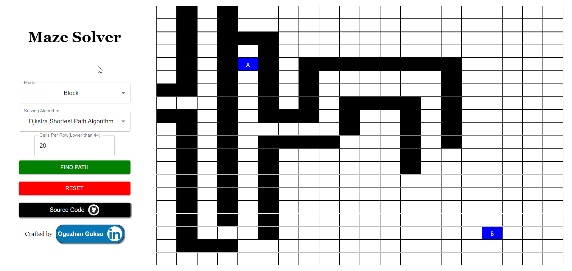 Maze Solver: a grid with walls drawn in, searching for a path between points A and B